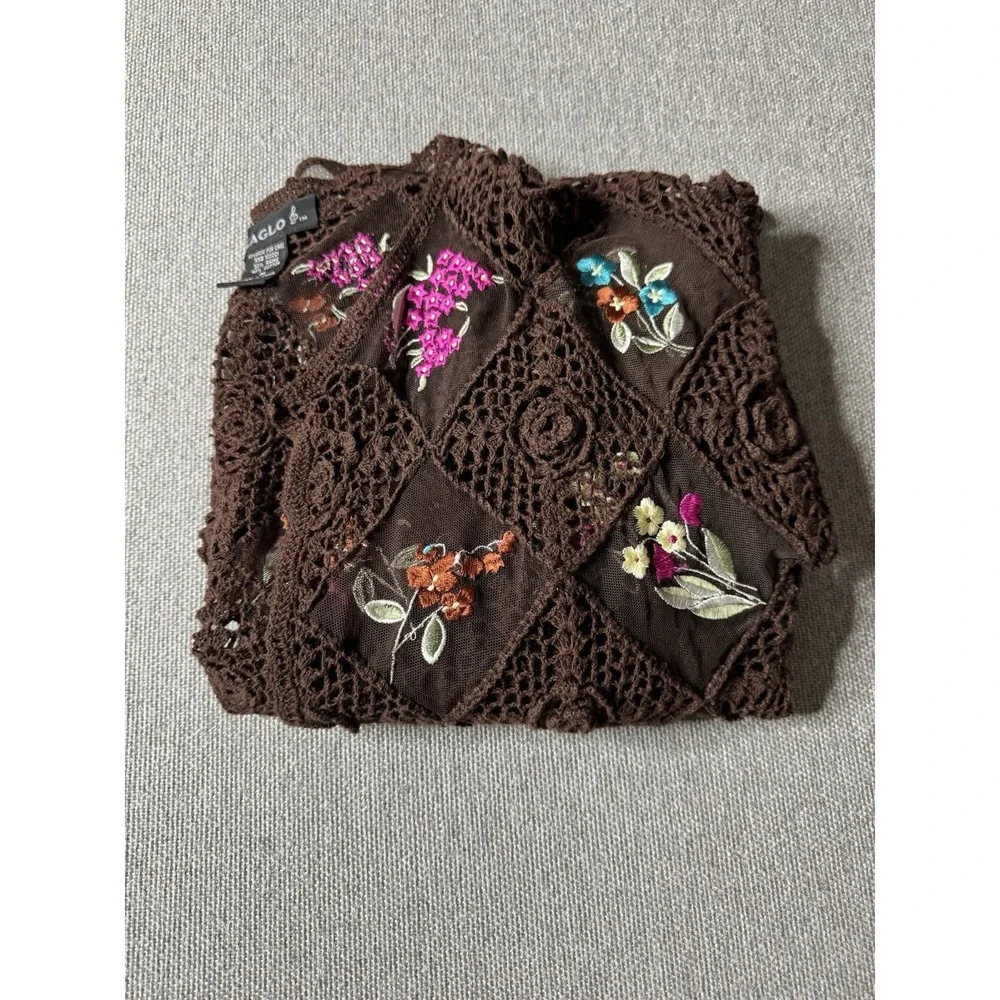Bozaglo Women's Brown Crochet Open Front Sweater With Pink Floral Size Medium
